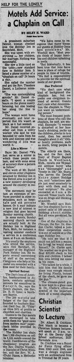 Holiday Inn - Southfield (Radisson Hotel Southfield-Detroit) - 1973 Article - You Had A Bible In The Night Stand Drawer And A Chaplain On Call
